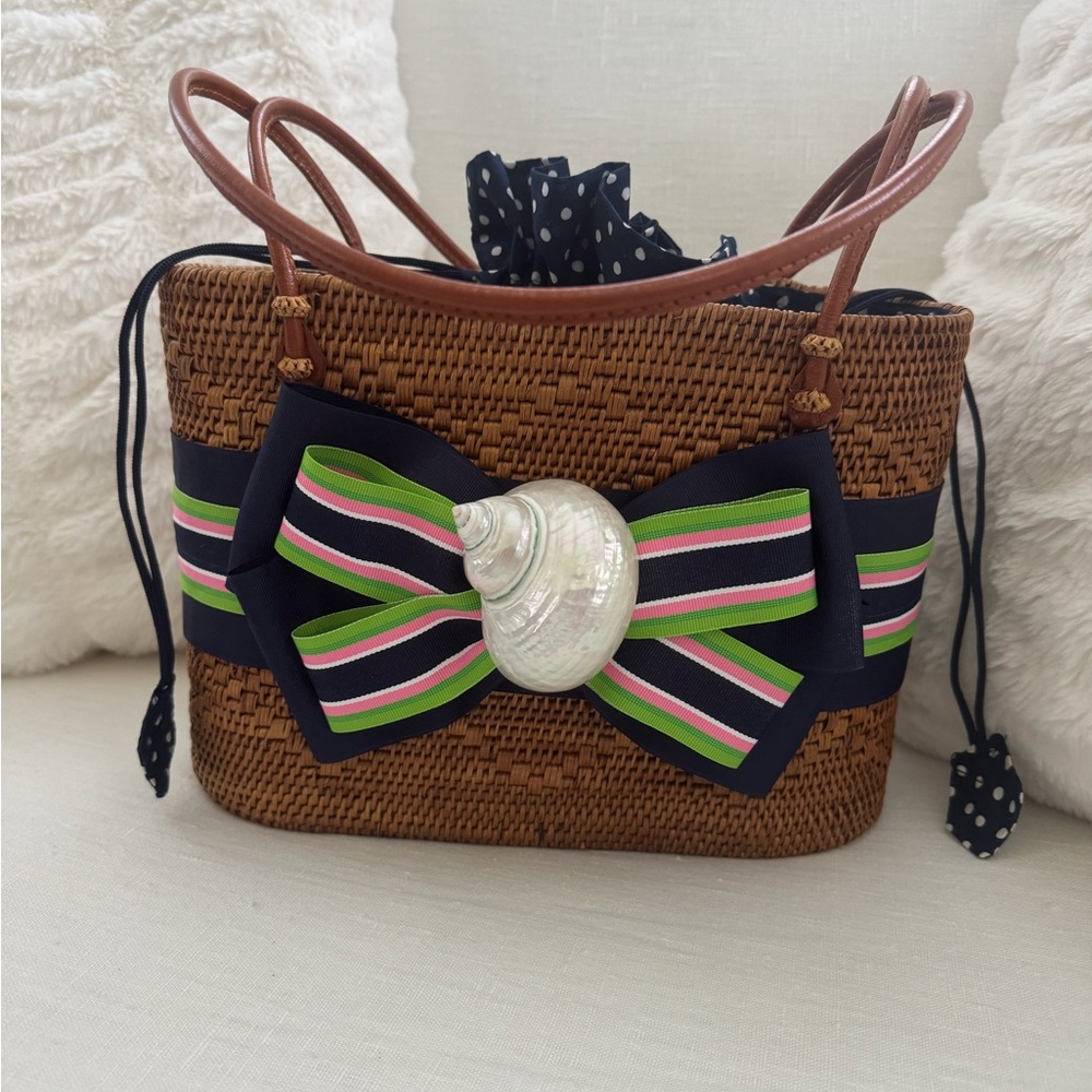 Woven Straw Tote with Navy, Pink & Green Bow and Shell Accent